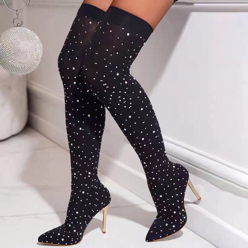 Knee High Sock Women - Strass jambe mince chaussettes extensibles bottes