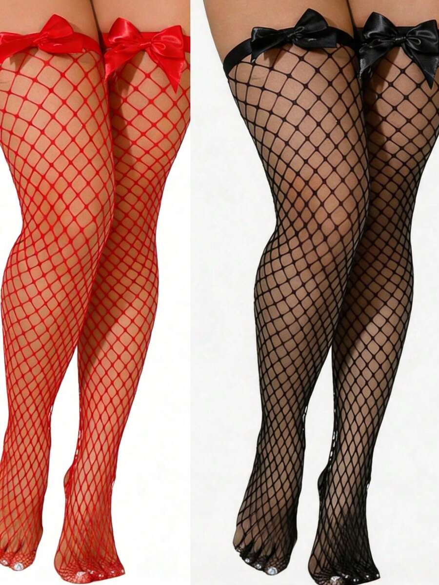 Knee High Sock Women - Bas résille à nœuds décoratifs, bas